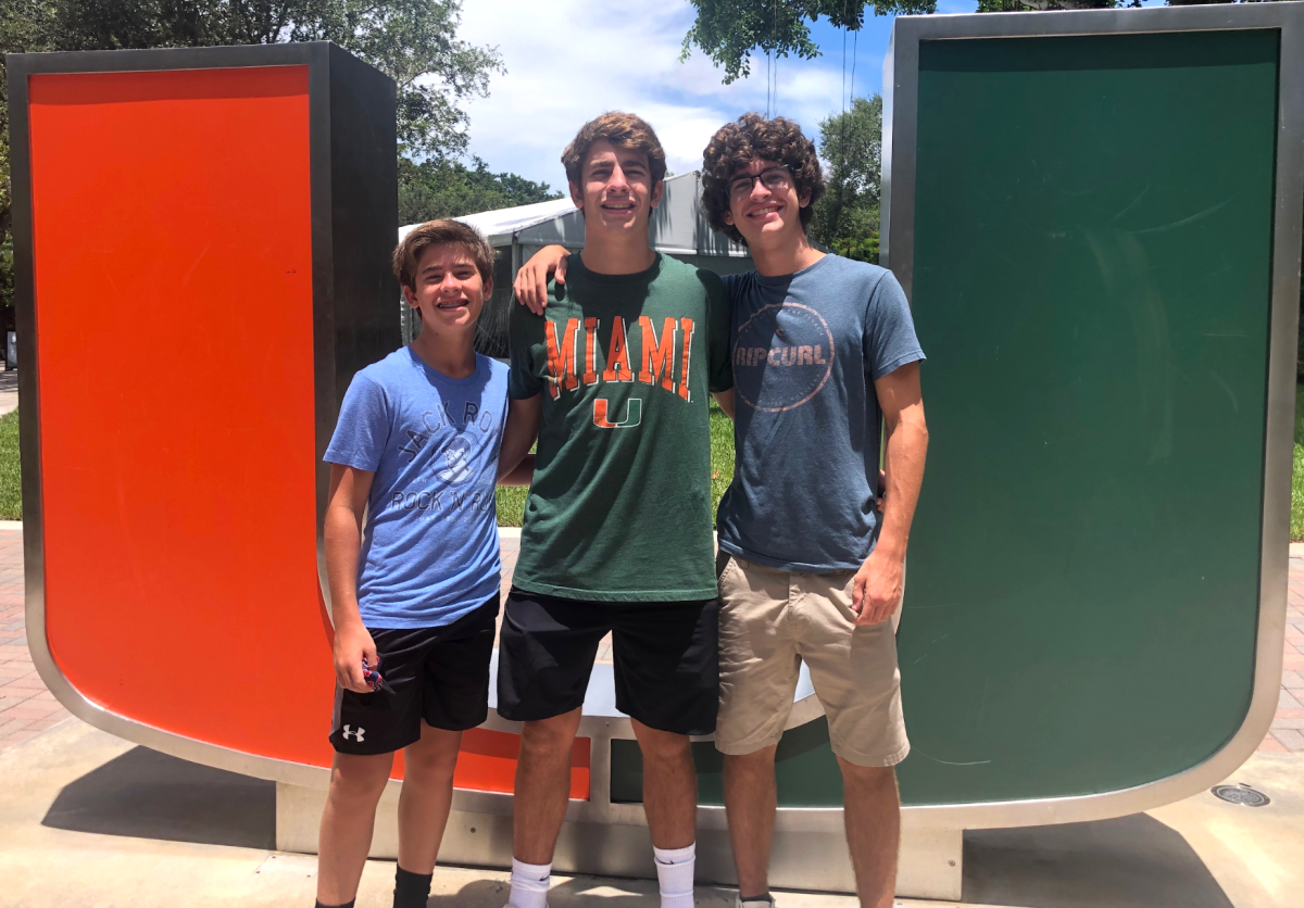 Michael Brenner (left), Carter Brenner (middle) and Blake Brenner (right) stand in front of the sign at the University of Miami, Florida. (Photo courtesy of Michael Brenner)