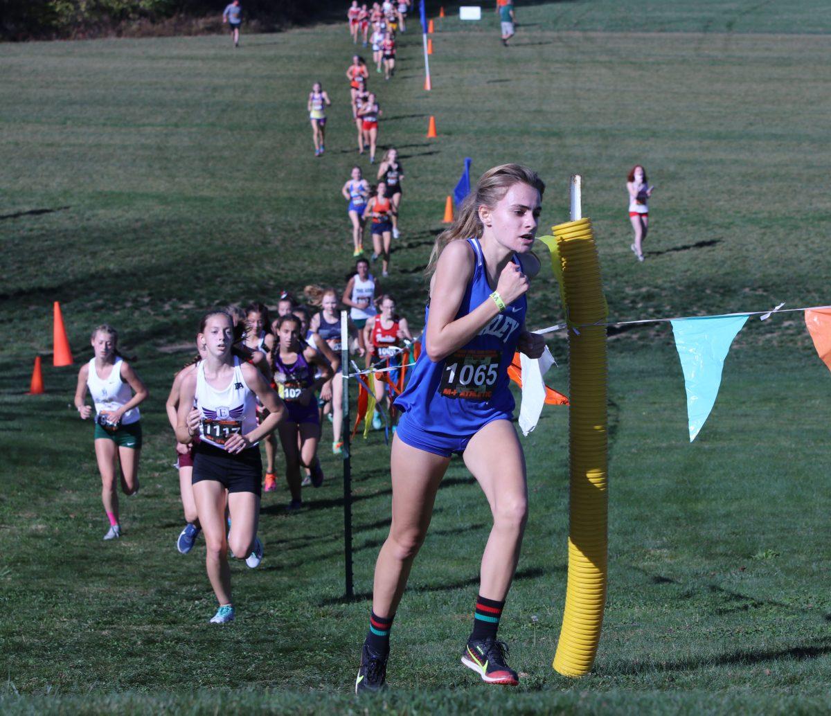 Sophomore Rylee Barno runs uphill during the state cross country meet. (Photo by Sydney Tyler)