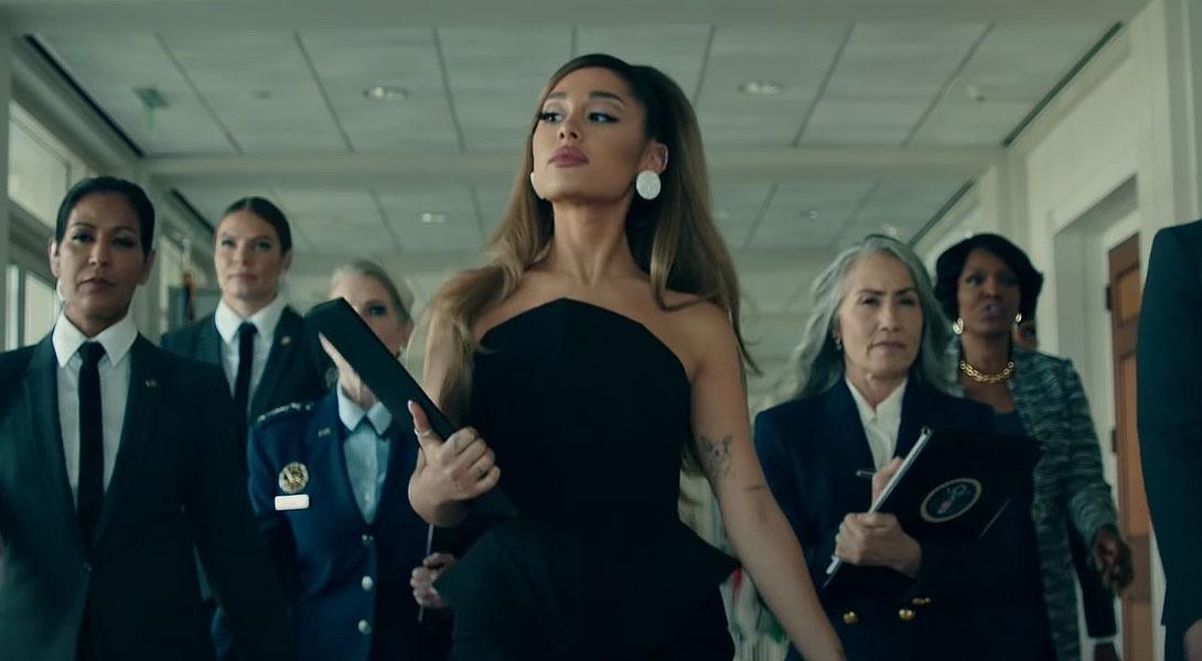 Ariana Grande struts through the White House during the music video for her hit single "positions". (Fair use from UMG)