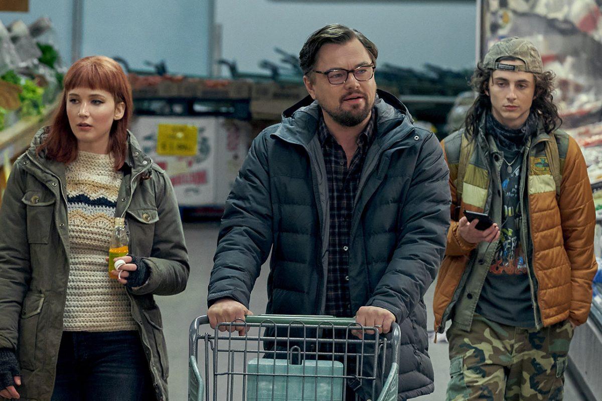 Kate (Jennifer Lawrence), Randall (Leonardo DiCaprio) and Yule (Timothee Chalamet) prepare for the end of the world. (Fair use The Wrap)