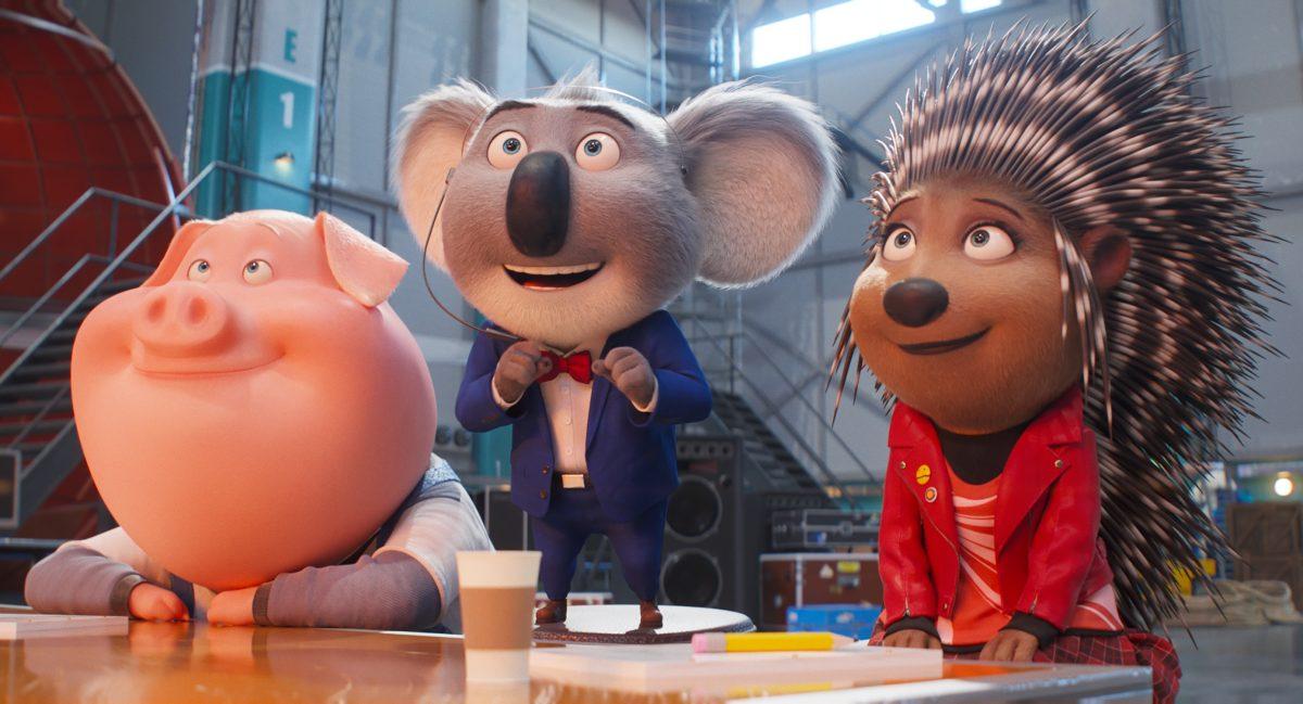 (from left) Pig Gunter (Nick Kroll), koala Buster Moon (Matthew McConaughey) and porcupine Ash (Scarlett Johansson) in Illumination’s Sing 2, written and directed by Garth Jennings.