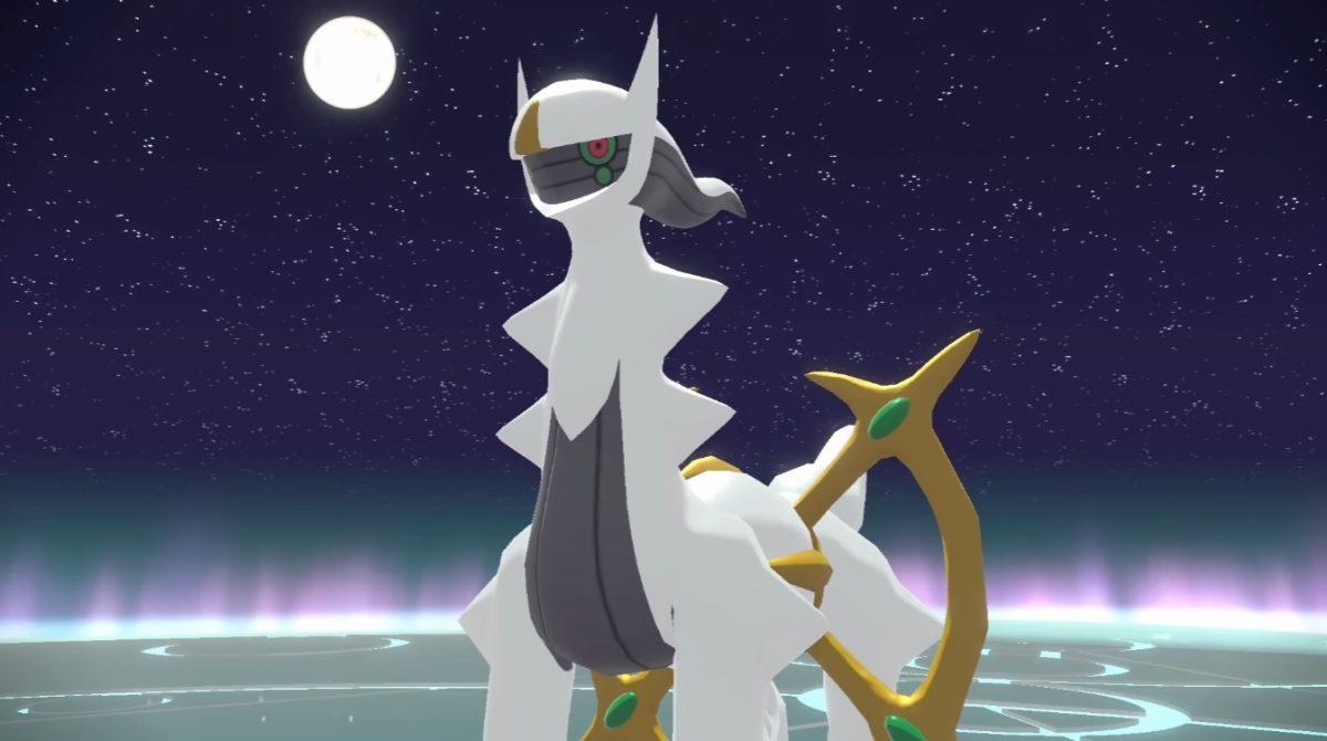 Arceus plants its feet in preparation for battle in front of a night sky scene. (Fair use AS)