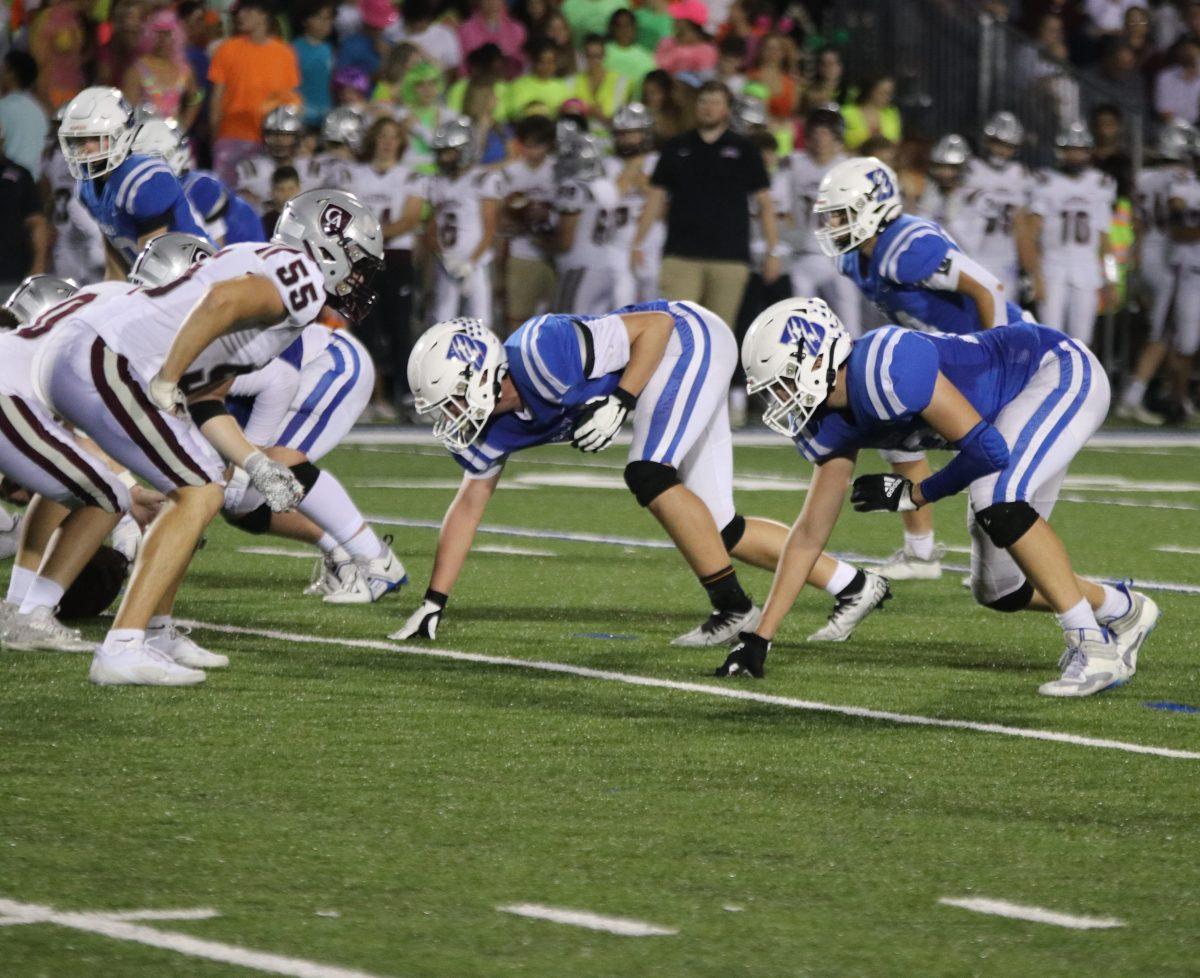 Defensive Tackle Marshall Newman and Defensive End Alex Smith line up to rush Columbus Academy's football team in the Homecoming game Sept. 29. (Photo by Ruthie Gravelle)