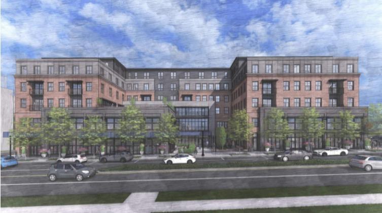 The artist rendering for the new housing development proposed for Main Street, which would include 232 apartments, a restaurant, office space and a parking garage. (Photo courtesy of Continental Real Estate Company)