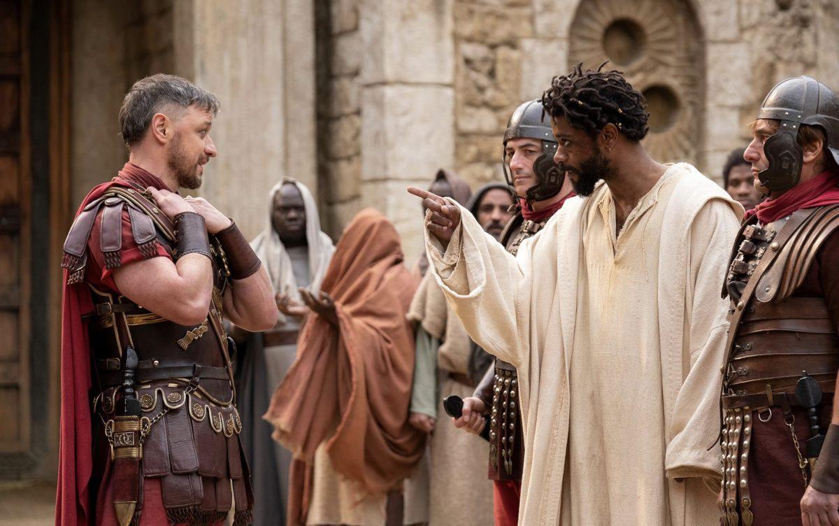 Pontius Pilate (James McAvoy) exposes Clarence (LaKeith Stanfield) as a false messiah. (Fair use IMDb)