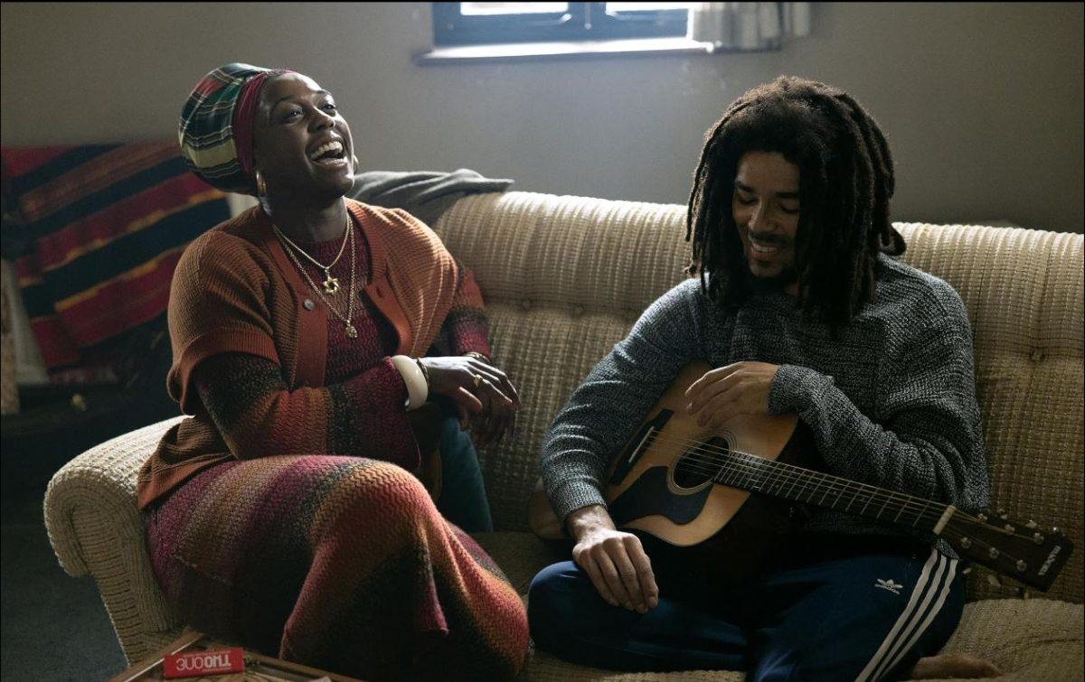 Bob Marley (Kingsley Ben-Adir) shares a new song with Rita Marley (Lashana Lynch). (Fair use IMDb)