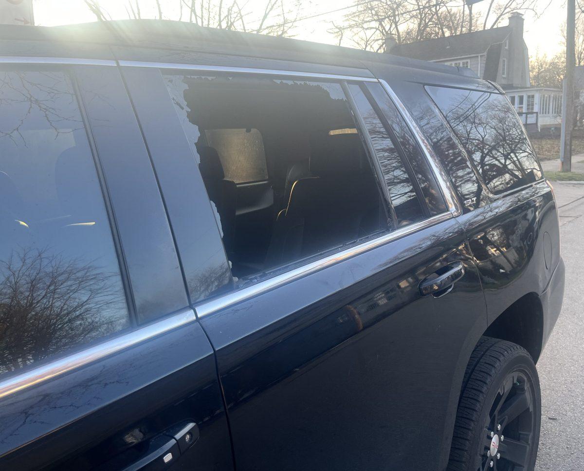 The back left window of Stephanie Schiff’s car was shattered on Cassingham Road Tuesday, Feb. 1. (Photo courtesy of Stephanie Schiff)