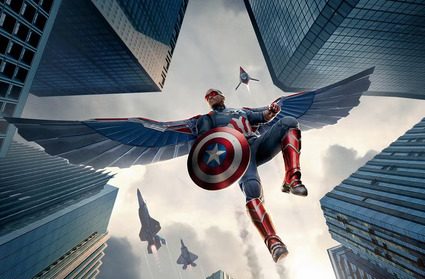 Captain America (Anthony Mackie) soars above Japan in the action-packed Marvel thriller “Captain America: Brave New World.” (Fair use IMDb)