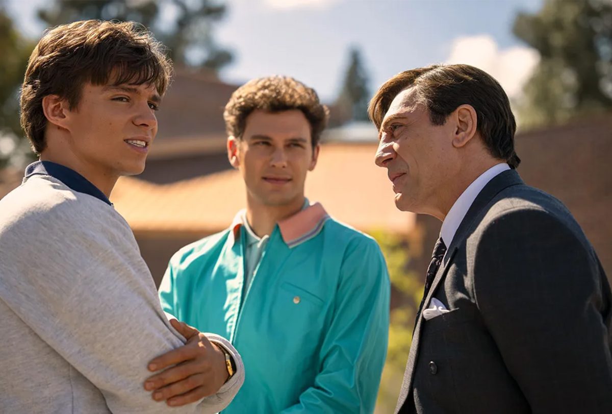 Brothers Lyle (Nicholas Alexander Chavez) and Erik (Cooper Koch) Menendez share a tense moment with father Jose Menendez (Javier Bardem) in “Monsters: The Lyle and Erik Menendez Story.” (Fair use Netflix)