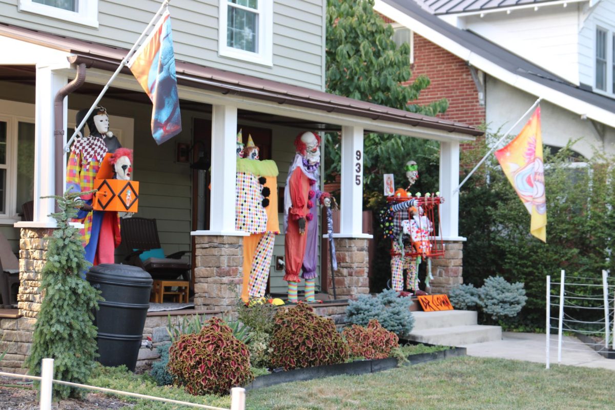 Ian and Cherie Garriott’s clown decorations outside of their home in South Bexley. 