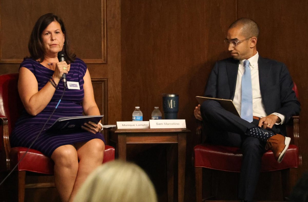 City Council candidates Monique Lampke and Sam Marcellino speak at the Bexley Public Library for Bexley Candidates Night Tuesday, Sept. 16.