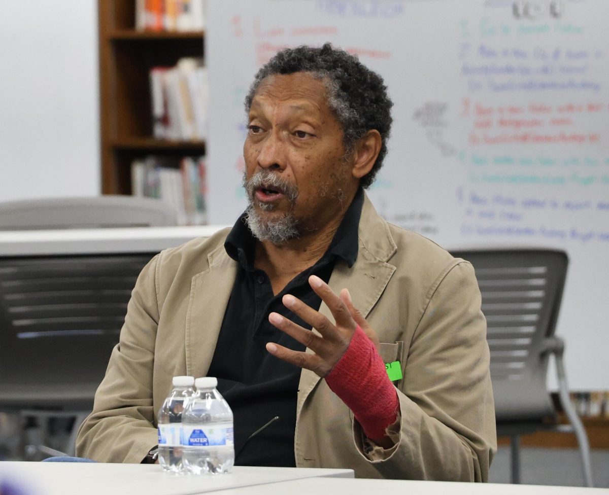 Author Percival Everett discusses his novel "James" in the high school library  Wednesday, Sept. 3.