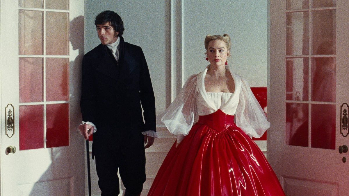 Heathcliff (Jacob Elordi) and Catherine (Margot Robbie) reunite at the Linton house follow-
ing Catherine’s marriage to Edgar Linton (fair use IMDb)